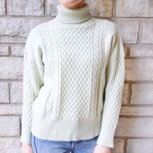 Aran Wool Blend Turtleneck Sweater - Soft Sage Green